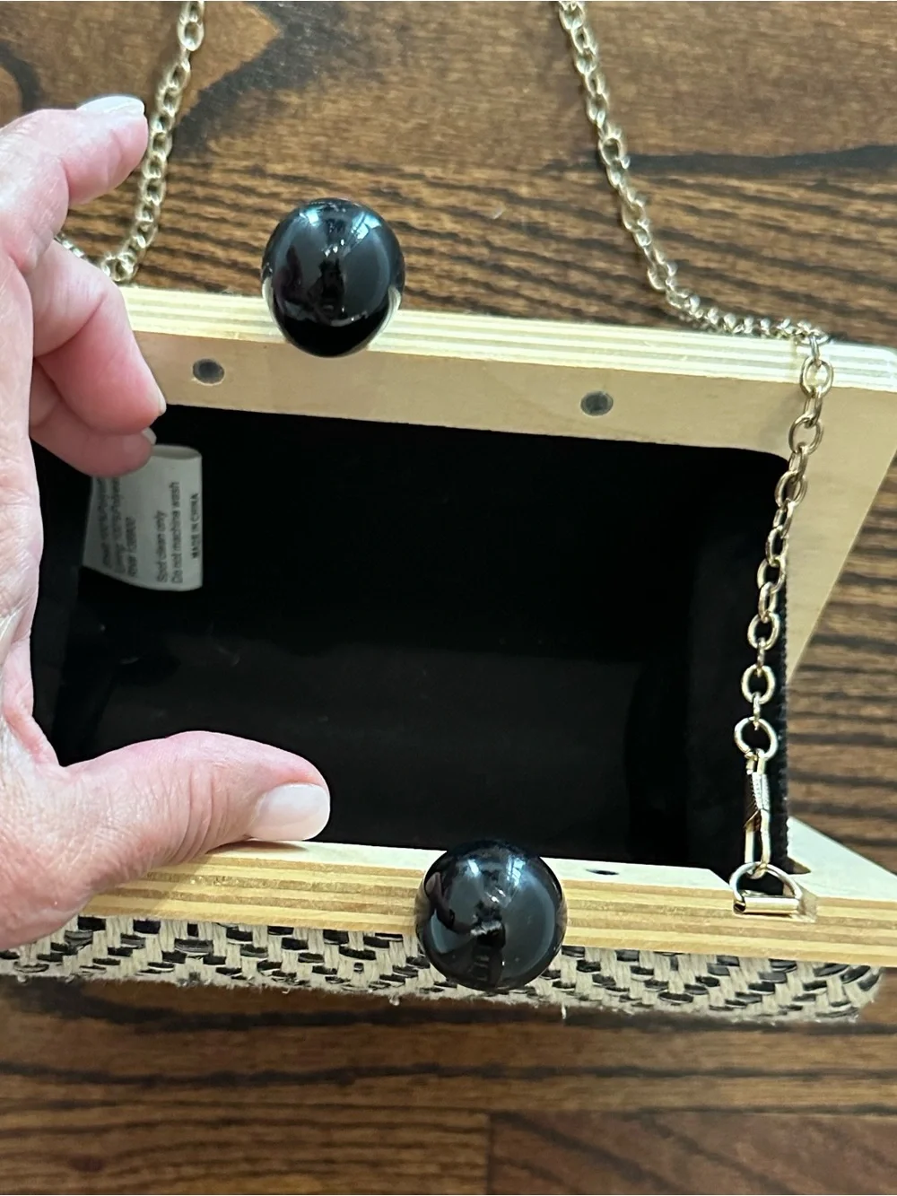 Chevron Woven Box Clutch in Black and Cream with Gold Chain